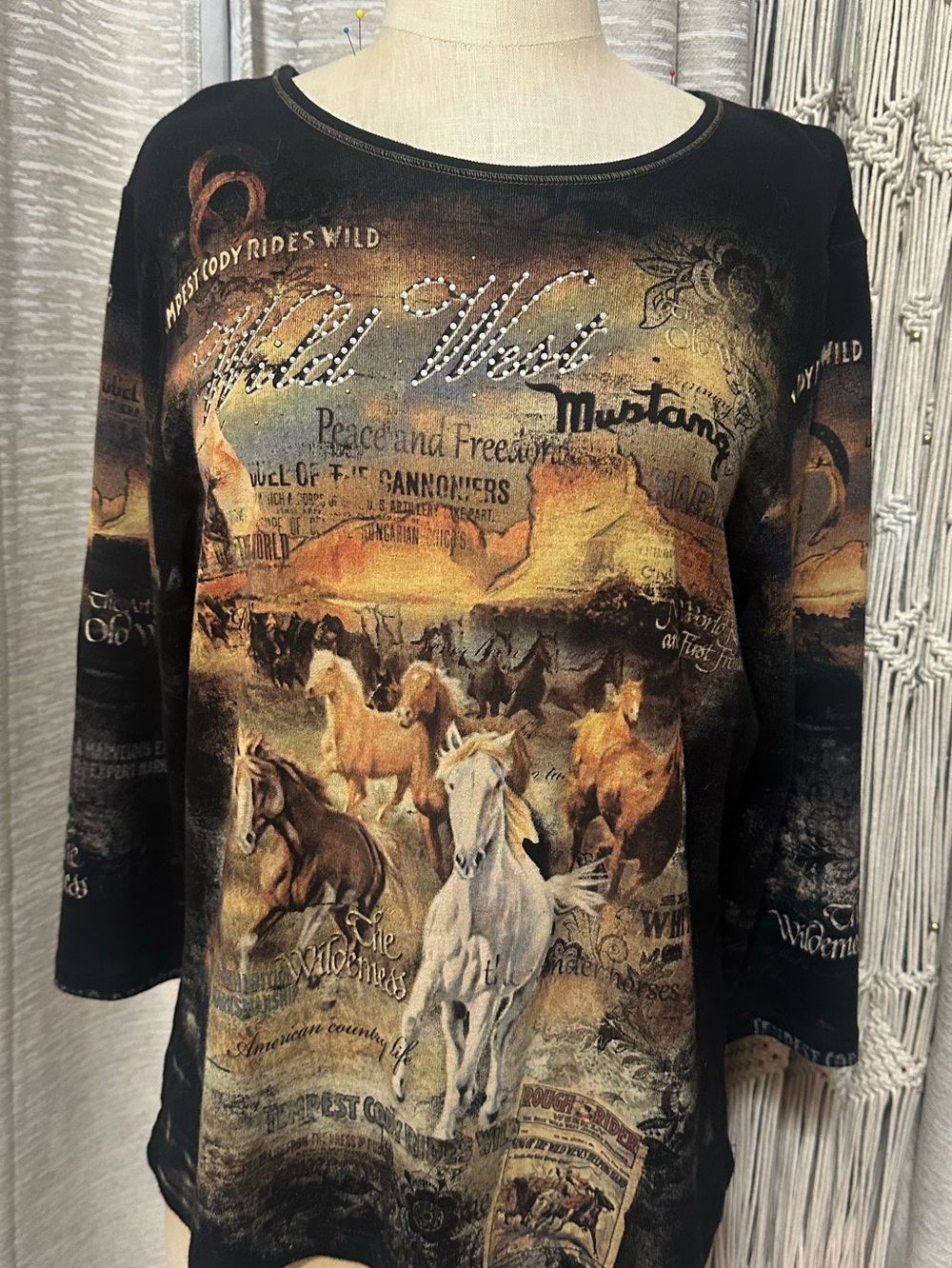 Cactus Wild West Horse Graphic Top XL Western Cowgirl Rhinestone Y2K